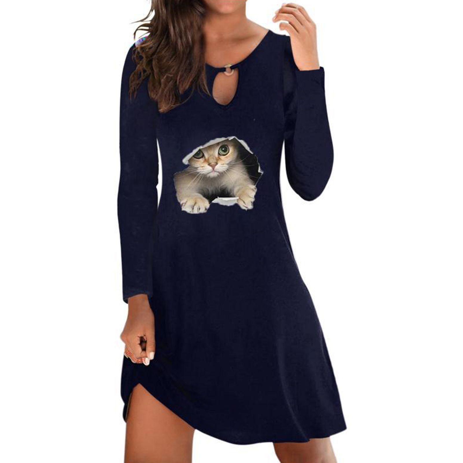 Loose Dress Animal Print Pure Color Crew Neck Dress