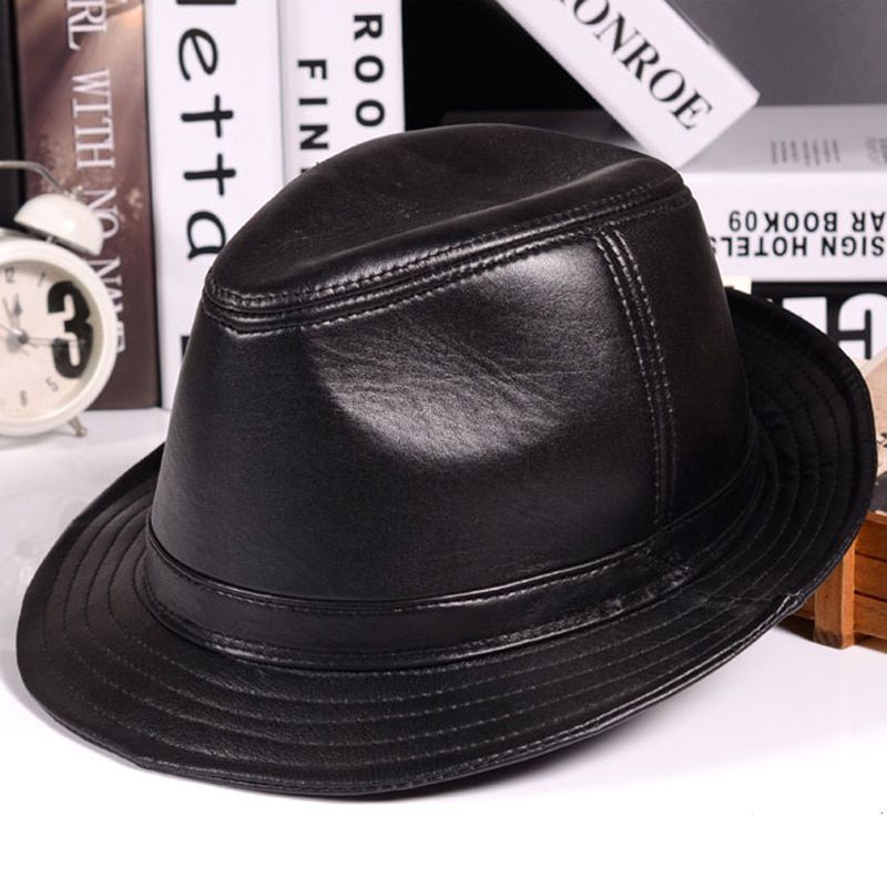 2021 Winter  Leather Top Hats For Men/Women British Gentlemen Wide Brim Stetson Fedoras 55-60cm Fitted Brown Gorra Male