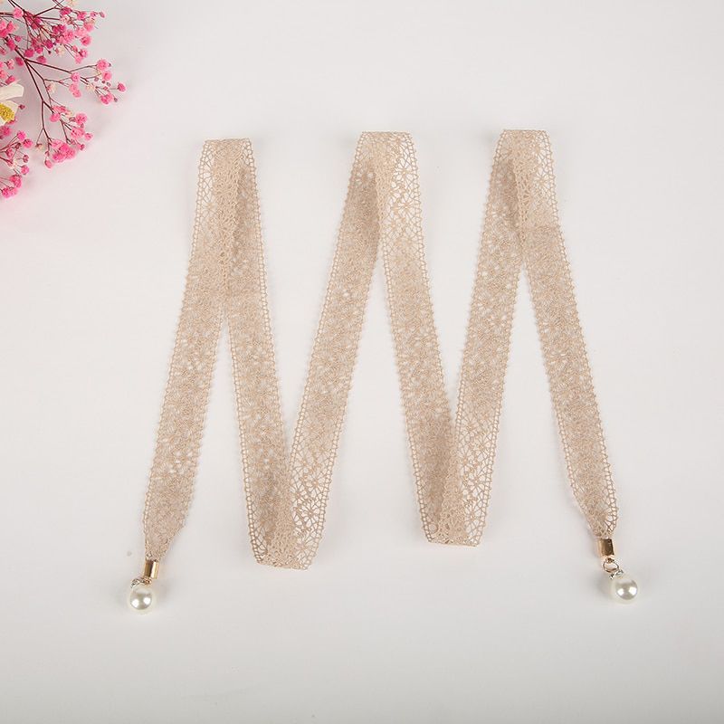Women Fashion Belts Lace Hollow Girdle Thin Pearl Belt Rope for Dresses Tassel Waist Belt Knot Decorated Narrow Ribbon Black