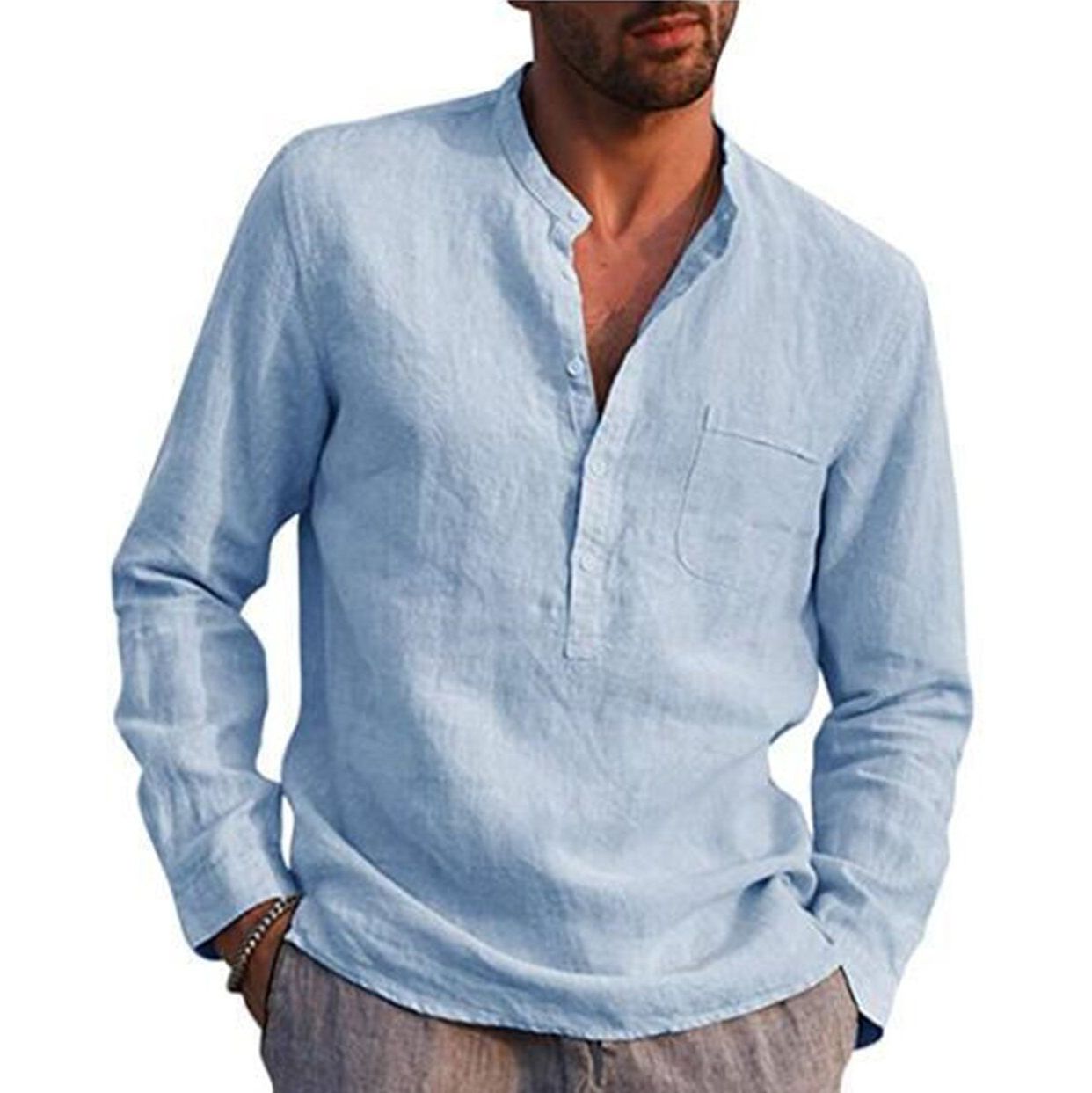 2021 Summer Fashion Shirt Men's Long Sleeve v Neck Casual Beach Linen Men's Shirt