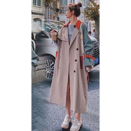 Fashion Paneled Colour Trench Coat Women Plus Size Double Breasted Windbreaker Student Casual Top Loose Thin Outwear