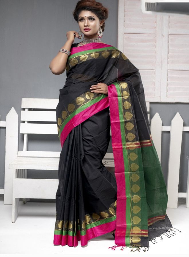21 Februay Special Black Color 13.5 Hand Cotton SareeFoir Women
