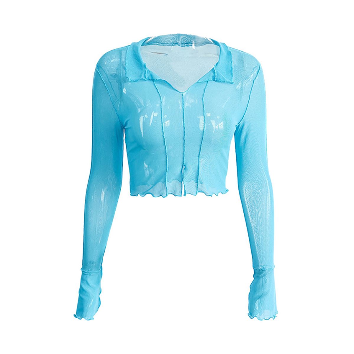 Women Sheer Mesh Crop Tops, Long Sleeve Lapel V Neck Solid Color Lettuce Trim T-Shirt