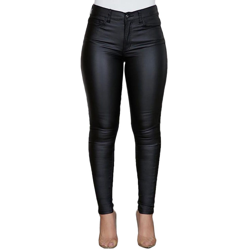 Women'S Solid Color PU Leather Pants Casual y High Waist Button Coated Feet Pants Women Trousers Black L