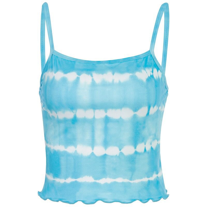 Women Sexy Thin Straps Camisole Top, Tie-dye Blue Fungus Flounce Hem Crop Tank Tops