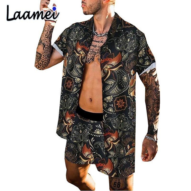 Laamei Men Hawaiian Sets Printing 2021 Summer Short Sleeve Button Shirt Beach Shorts Streetwear Casual Mens Suit 2 Pieces Set