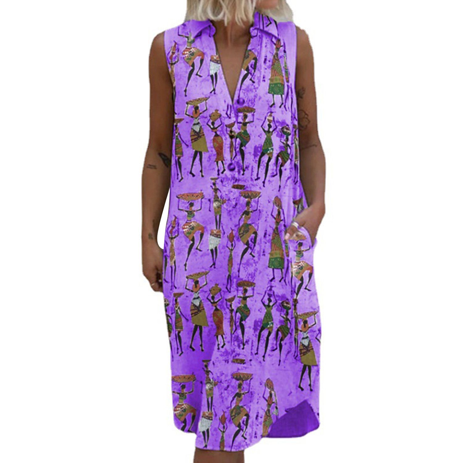 Women Dress Character Printing Loose Vintage Lapel Sleeveless Dress for Dating
