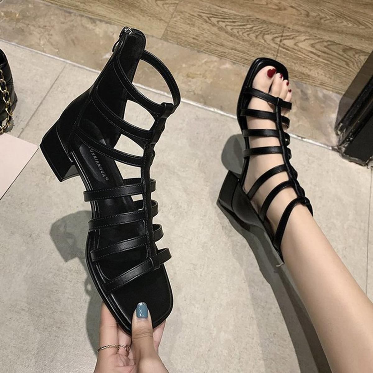 Summer New Sandals Sticky Open Toe Square Heel Pu Shoes Cross Strap Zipper Mid Heel Sandals for Women 2022