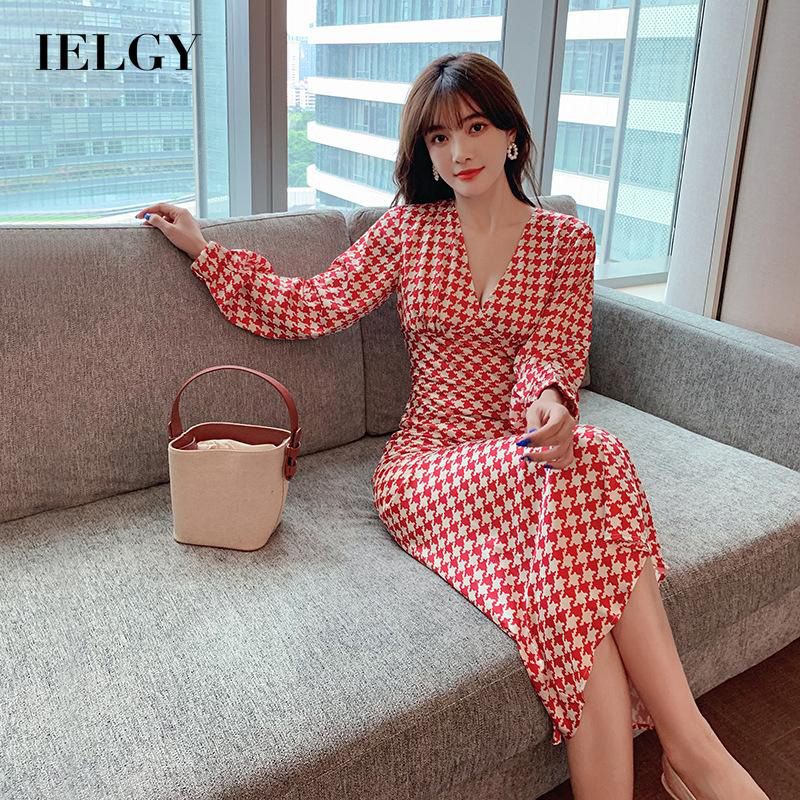 IELGY Women's clothes retro all-match plaid fashion A-line V-neck long dress casual