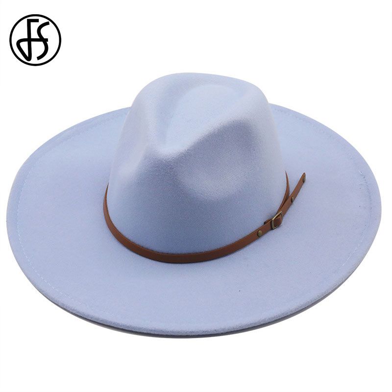 FS Big Imitation Wool Fedora Hat Women Men Felt Hats With Metal Chain Decor White Panama Trilby Cowboy Jazz Cap Chapeau Sombrero