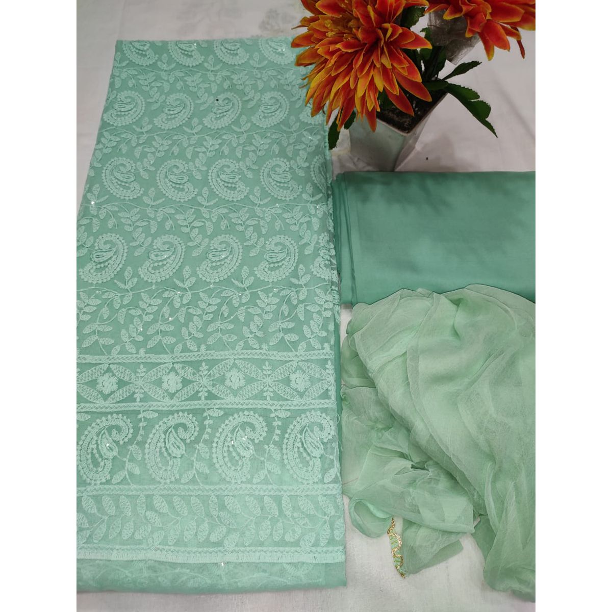 Alita Mart Featuring New Indian Lucknow Sequence Embroidery Four Piece Sky Blue Color