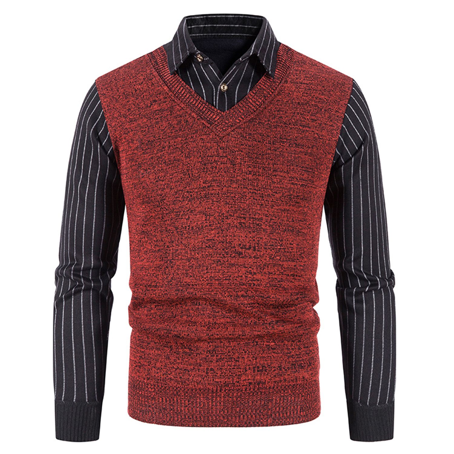 Men Sweater Fake Two-piece Style Male Long Sleeve Sweater