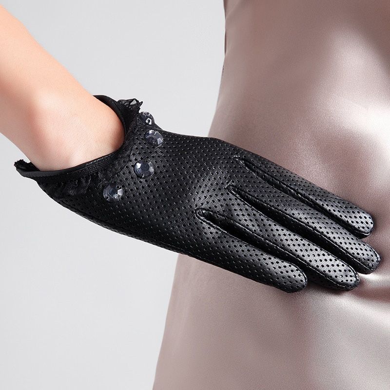 Leather Driving Fashion Driver Gloves Women's Thin Unlined Perforated Hollow Style Short Spring and Autumn Cycling Gloves