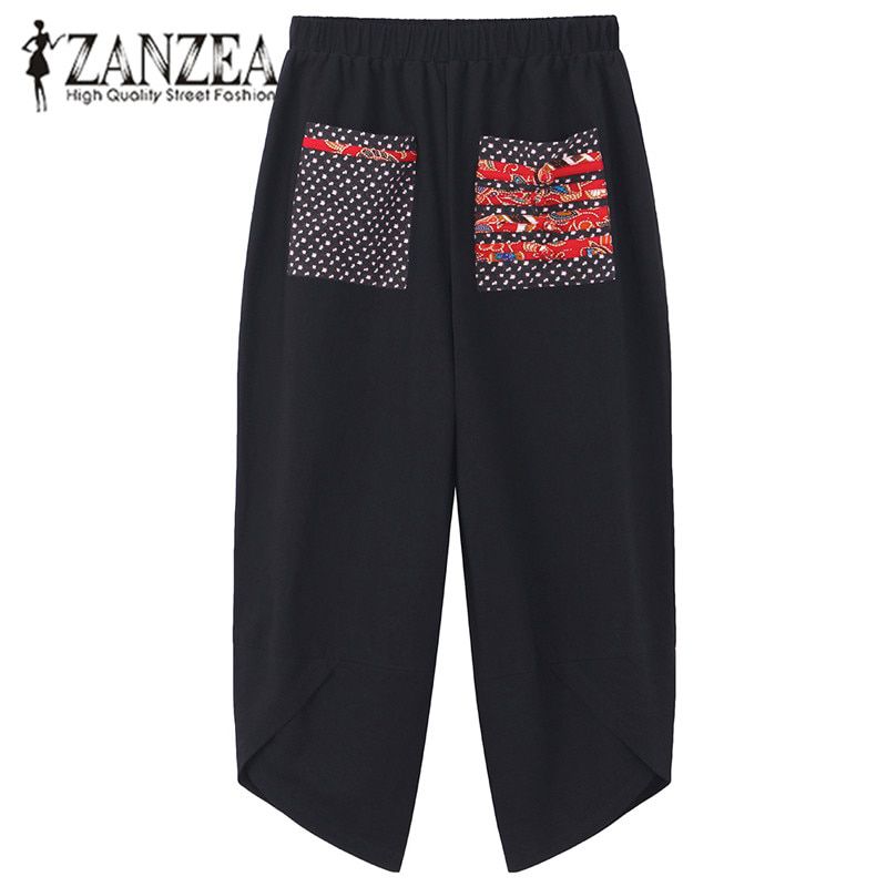 Summer Casual Loose Long Trousers Baggy Pantalon Women Elastic Waist Retro Print Linen Cotton Harem Pants