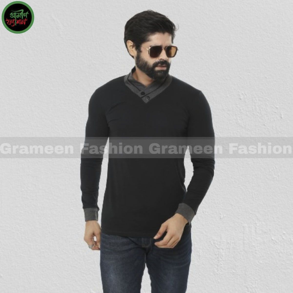 V-Neck Gray And Black Cotton Full Sleeve T-Shirt For Men - Grameen Fashion - Tshirt For Men - T Shirt For Man - T Shirt For Man - T Shirt - T Shirt For Man - T Shirt
