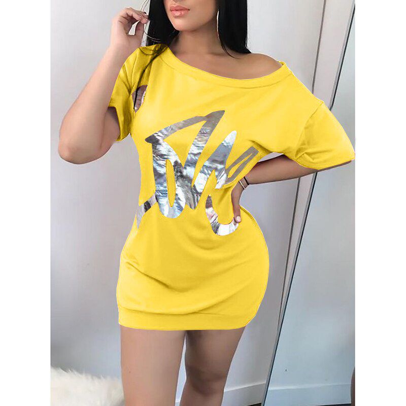 Umeko Summer 2020 New One Shoulder Mini Dress Sexy Club Dress Women Letters Print Short Sleeve Loose Dresses Sundress Female