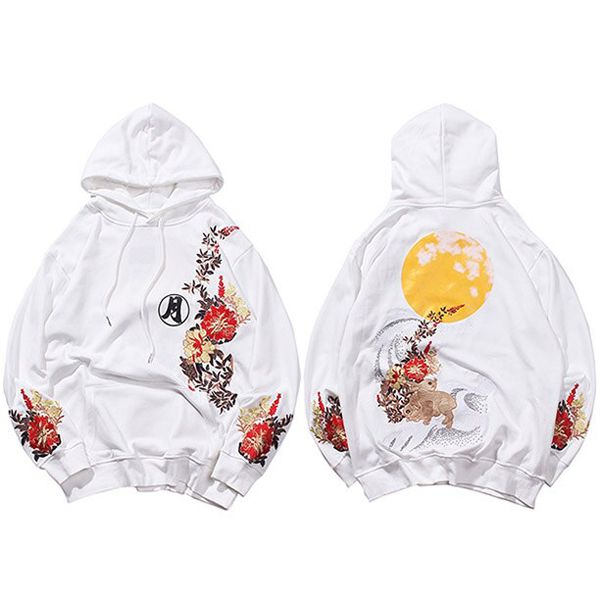 Men  Hop Hoodie Sweatshirt Embroidered Floral Full Moon Rabbit Harajuku Streetwear Hoodie Pullover Cotton Autumn ster