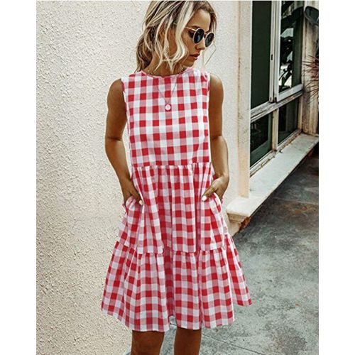 Dresses For Women Summer Casual Loose Plaid Print Ruffled Midi Dress Sleeveless Vintage Ladies Dress Vacation Sundress