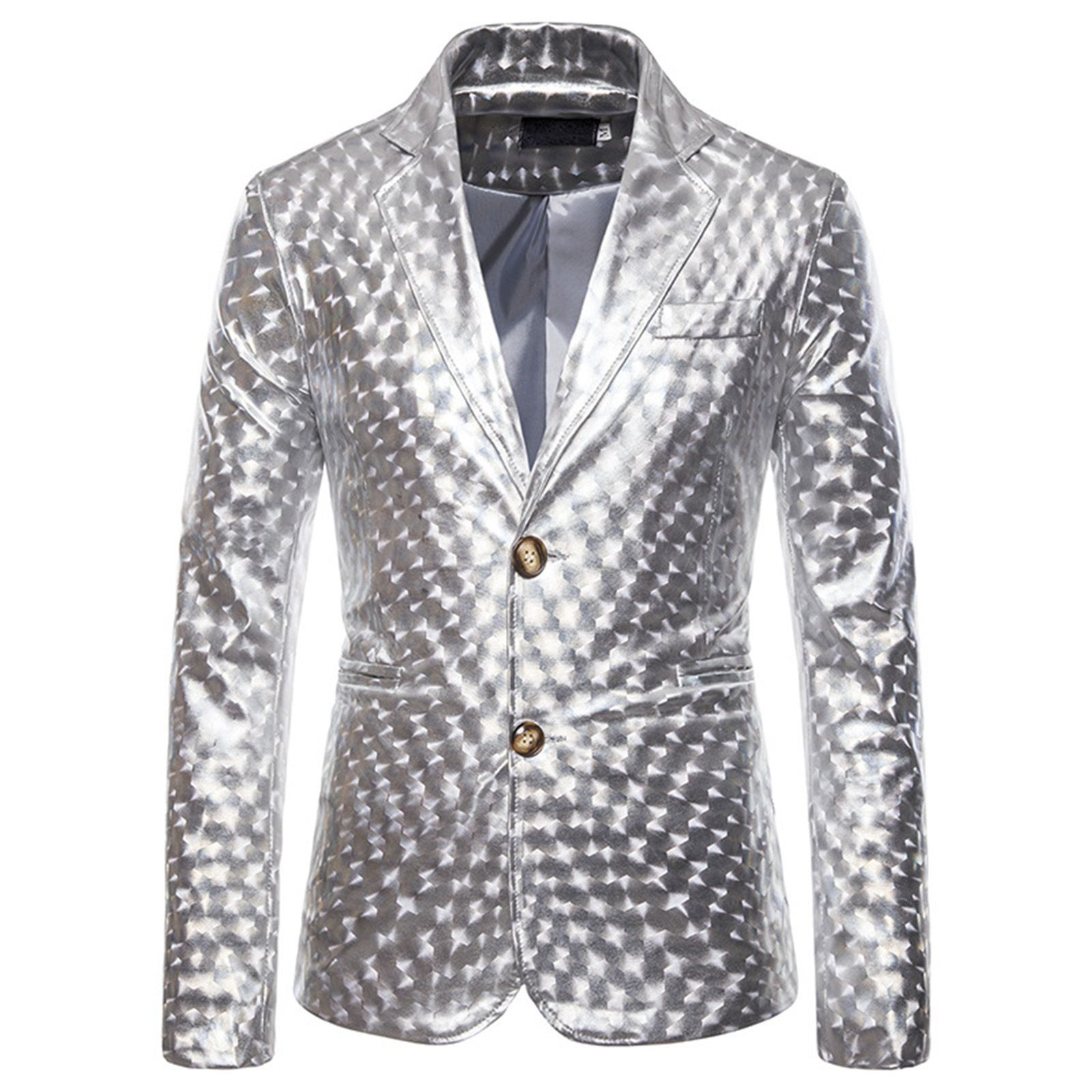 Women Reflective Solid Color Coat, Long Sleeve Buttoned Lapel Collar with Pockets for Club Performance, Men Clothing