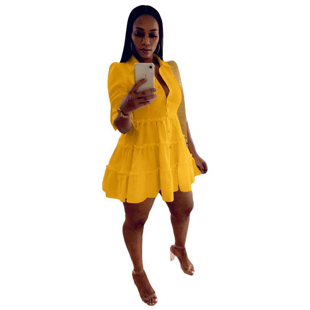 Women Mini Dress Solid Half Sleeve Turn-down Collar Single ed Loose Dresses Office Lady Fashion Streetwear Summer