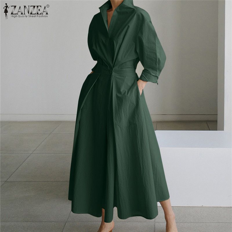 Oversized Elegant Women Autumn Sundress ZANZEA Fashion Lapel Neck Long Sleeve Solid Long Shirt Dress OL Vestidos Robe Femme