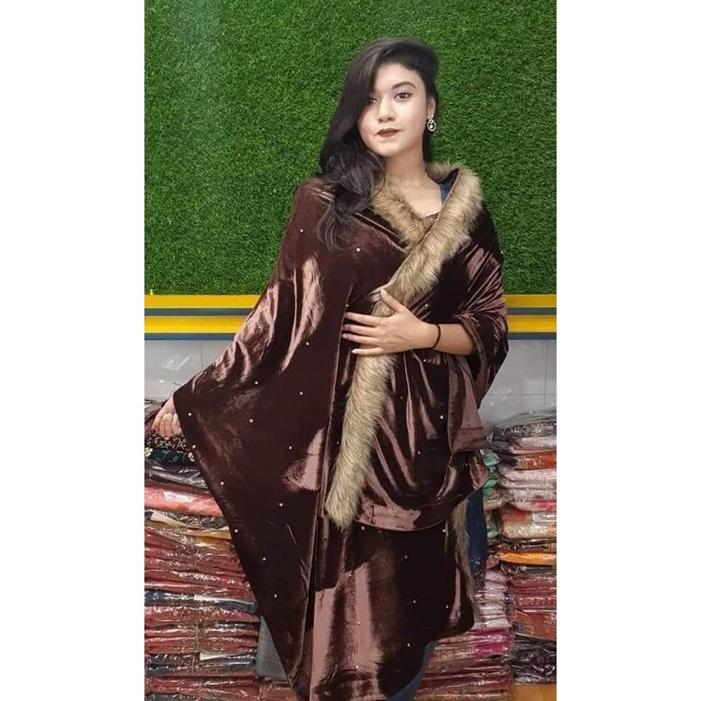 Velvet Shawl with Fur & Stone works, Comfortable Soft Winter Wear 34