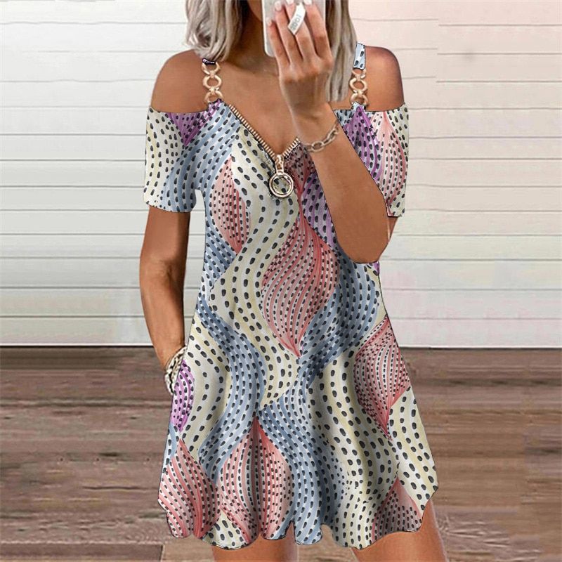 V-Neck Zipper Camisole Print Casual Short Sleeve Loose Tament Party Midi Dress 2021 Summer New Fashion Dresses For Women