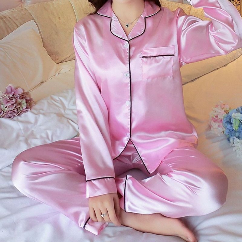 Spring Summer  Elegant Fashion Casual Women Lady Satin Pajamas Set Pyjama Sleepwear Nightwear Loungewear Homewear