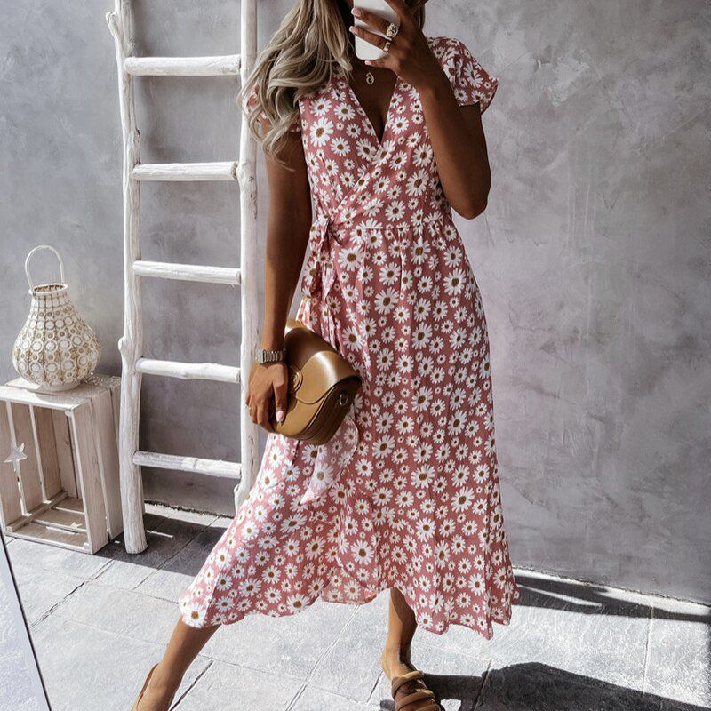 Summer Short Sleeve Loose Maxi Beach Dress 2XL Spring Retro Daisy Print Wrap Party Dress Women Casual Lace-up Belted Long Dress