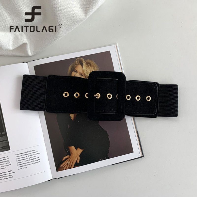 Vintage Suede Belts For Women Square Buckle Waist Belt Female Ladies Elastic Wide Wasitband Coat Dress Decorative Cummerbund