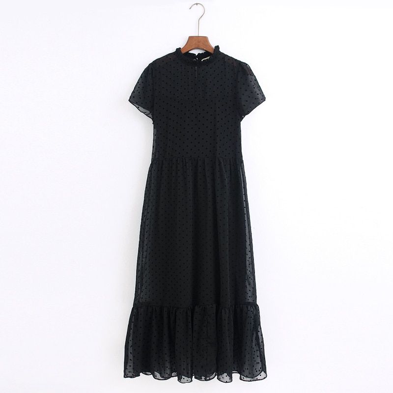 Tangada 2021 fashion women dots black dress ruffles collar short Sleeve Ladies elegant midi Dress Vestidos 6Z38