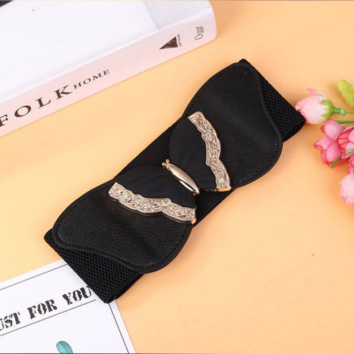 Luxury Dual Buckle Imitation Leather Elastic Waist Belt For Female Dress Decoration