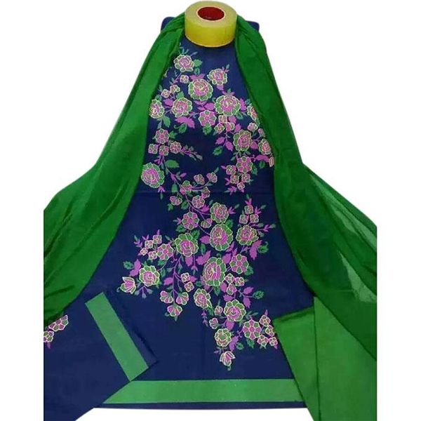 Unstitched Navy Blue and Green Cotton Salwar Kameez