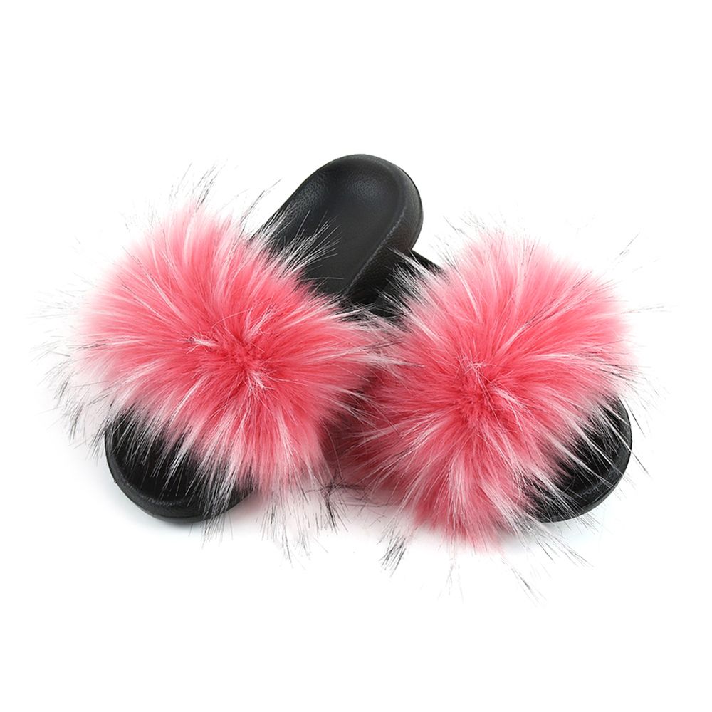 Women Long Faux Raccoon Fur Anti-slip Slippers Indoor Fuzzy Sandals