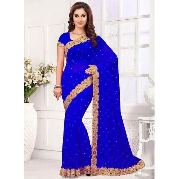 Indian Weightless Georgette Saree Royel Blue Color High Quality Embroidery Work On Blouse