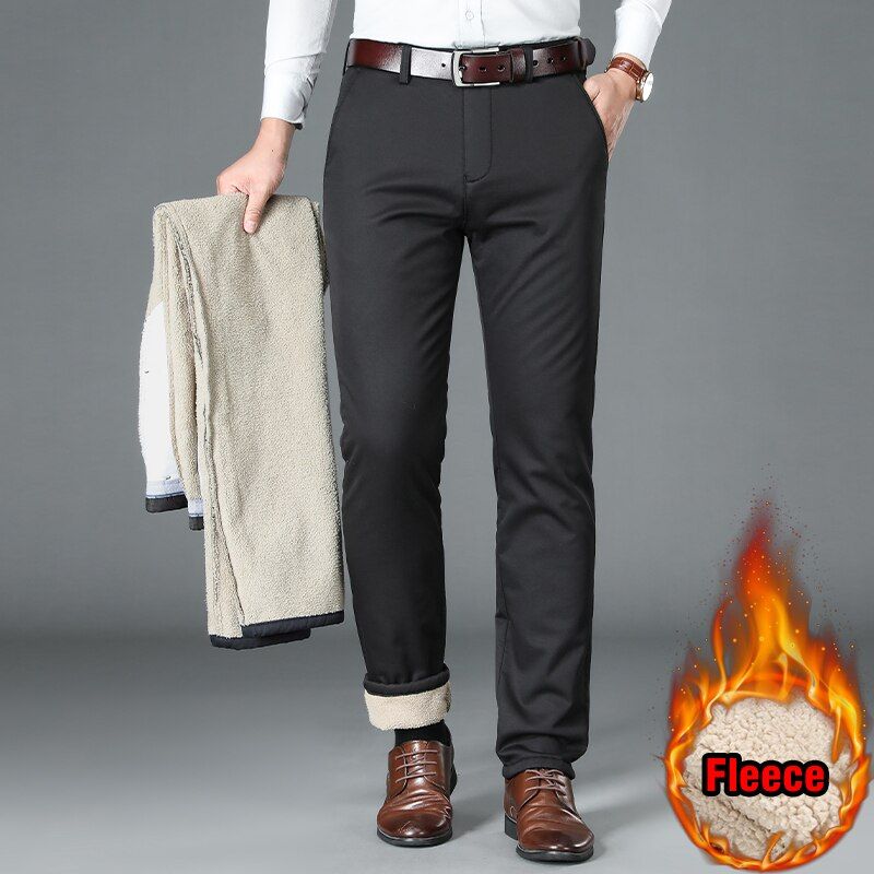 Winter Men's Warm Casual Pants Lamb Wool Lining Fashion Business Thick Stretch Trousers Male Brand Clothing