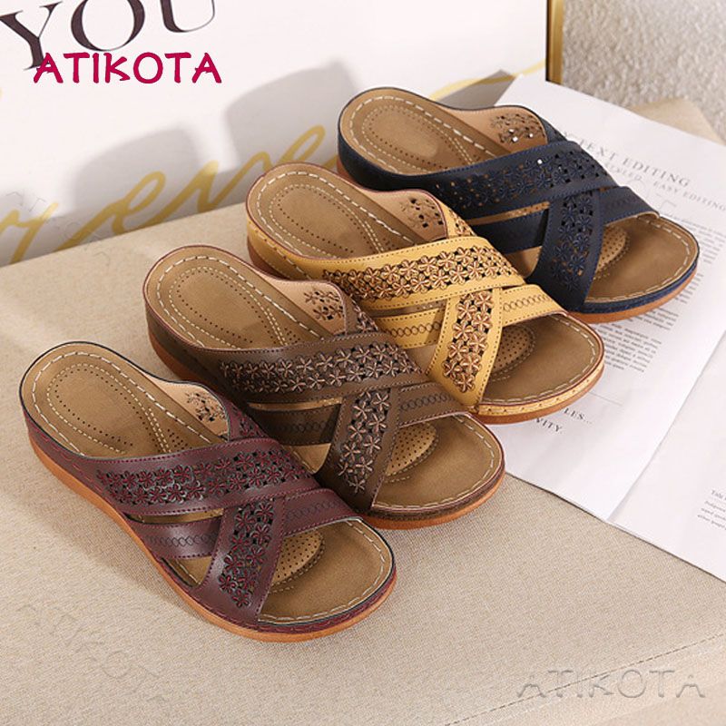 Women New Retro Sandals Non-slip Open Toe Wedge Sandals Casual Flower Beach Sandal