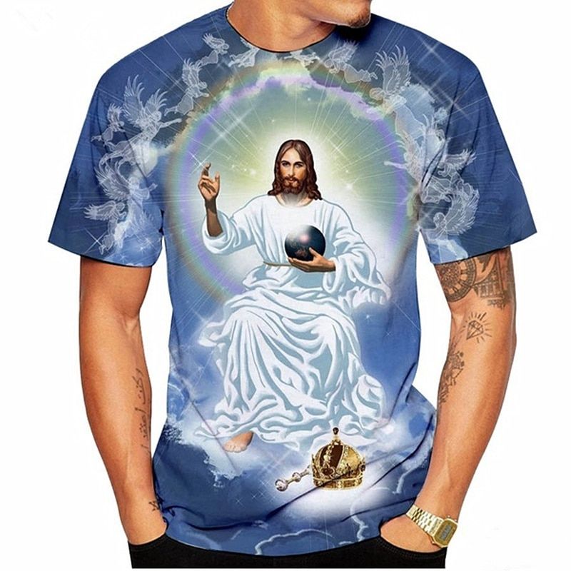 New Fashion Summer Casual Streetwear Harajuku God Cartoon Men Tee Shirts Religion Christ Jesus 3D Print Men's T-Shirt