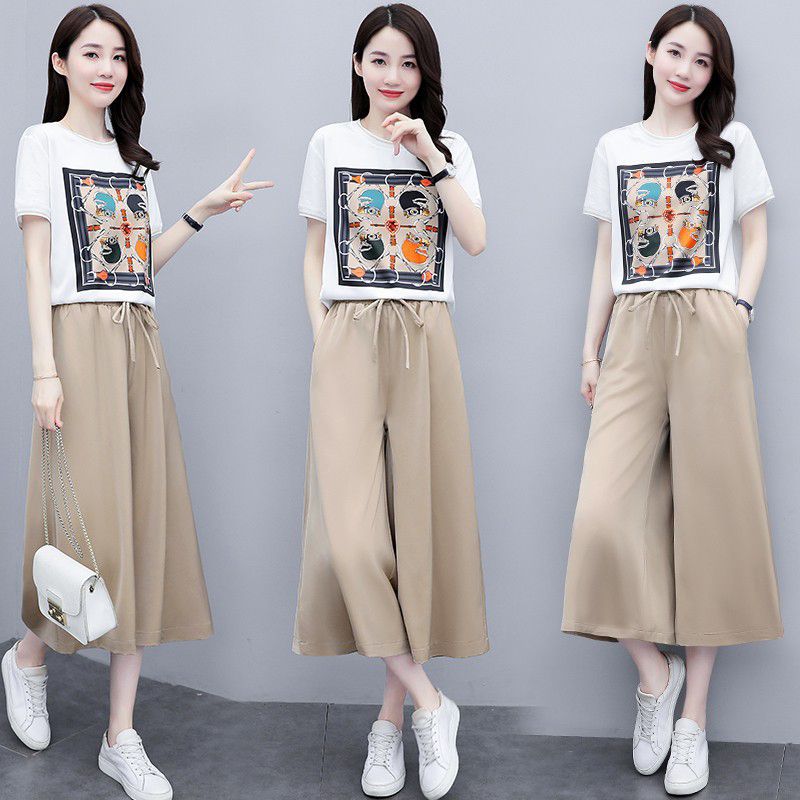 Yfashion 2  Pcs/set  Women  Suit Printed -shirt Wide-leg Pants Suit Fashion Casual wo-piece Suit color