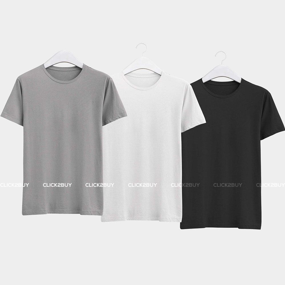 Combo of Men's Round Neck Plain Cotton T-Shirt(Grey-Black-White) - Super Saver Pack of 3