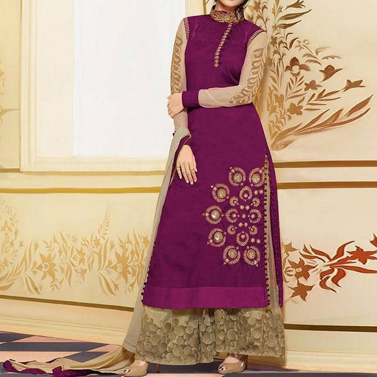 Purple  and  Golden  Semi-Stitched  Georgette  Gown  for  Women
