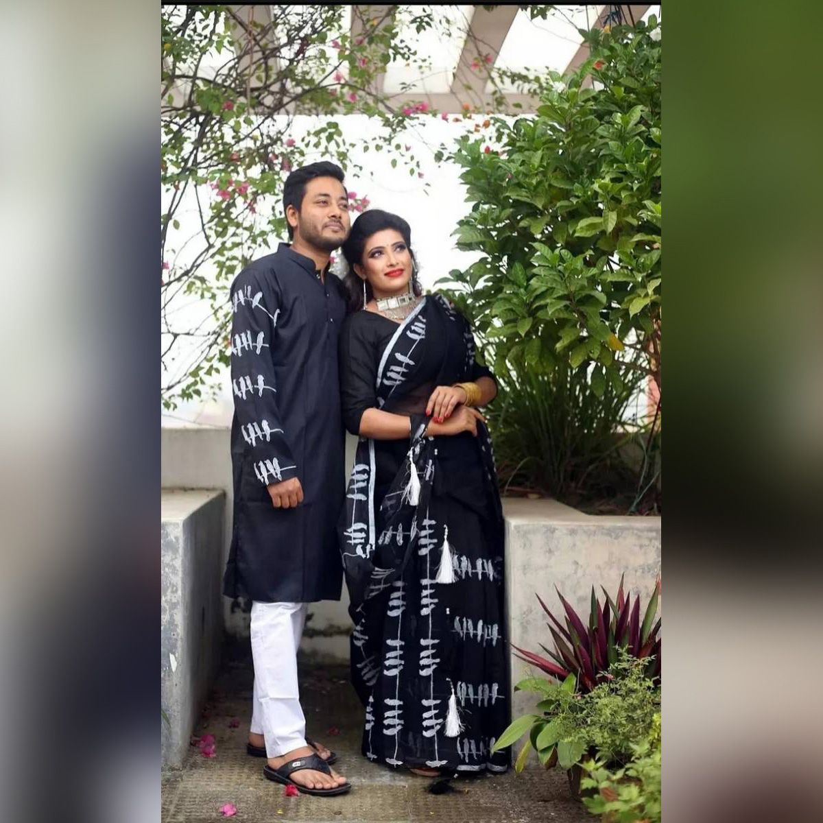 Exclusive Designer Orange Half Silk Shuli Ful Saree and Dhupian Silk Panjabi Combo For Couple
