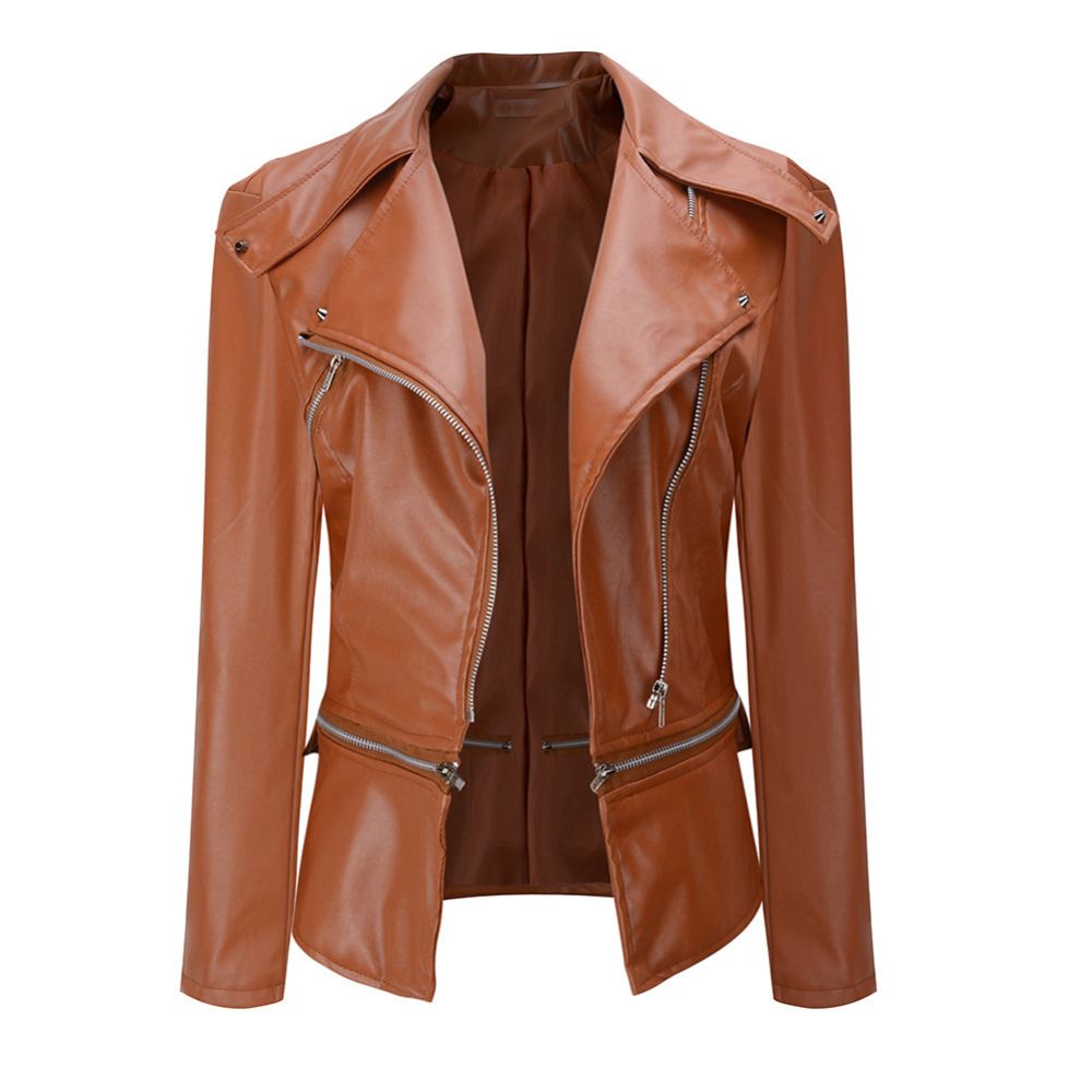 Women Autumn Faux Leather Zipper Lapel Motorcycle Jacket