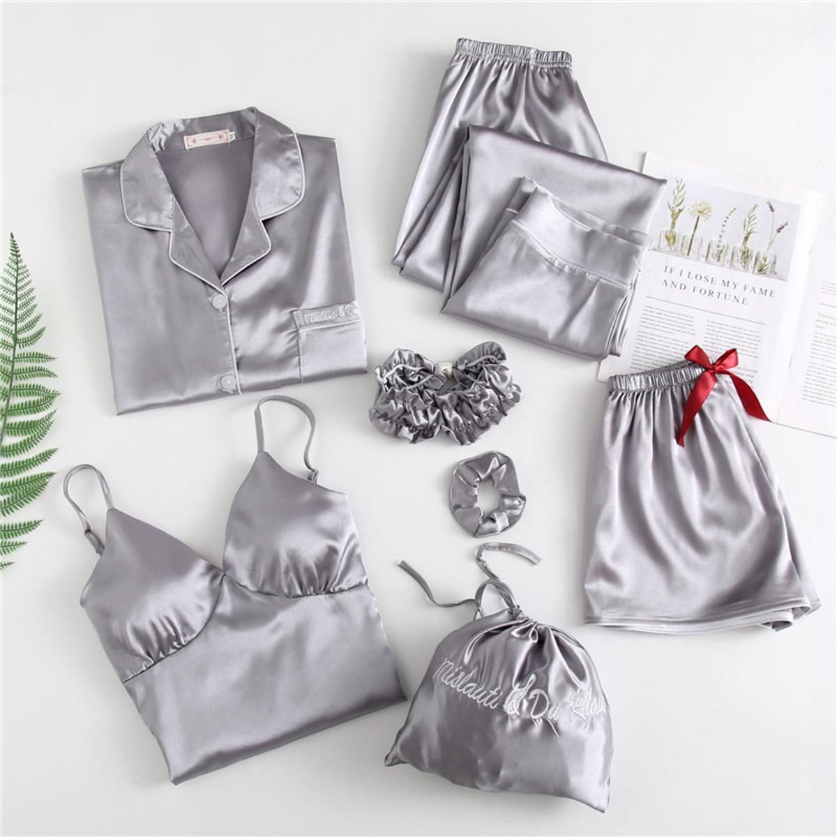 Summer autumn 7 Pcs Set Silk Elegant pajamas for Women stripe pink Shorts pajama set Long Sleeve Top Pants Full Lounge Sleepwear