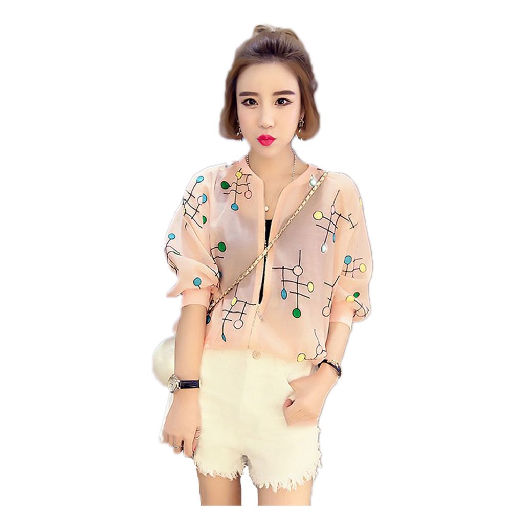 Women Printed Short Long Sleeves Chiffon Sun Suit Zipper Cardigan Jacket Coat