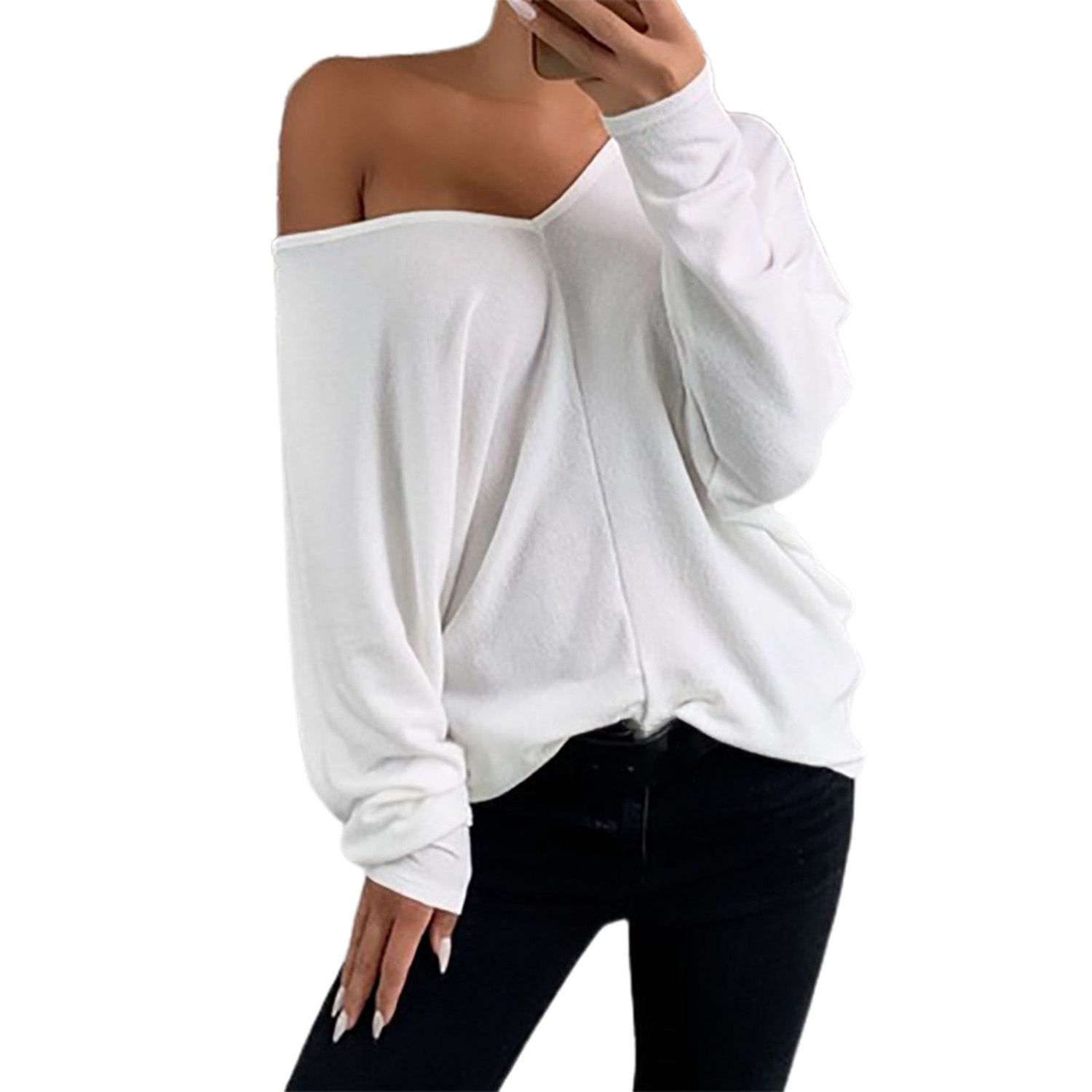Pullover Top Long Sleeve V-Neck Solid Color Women Bouse