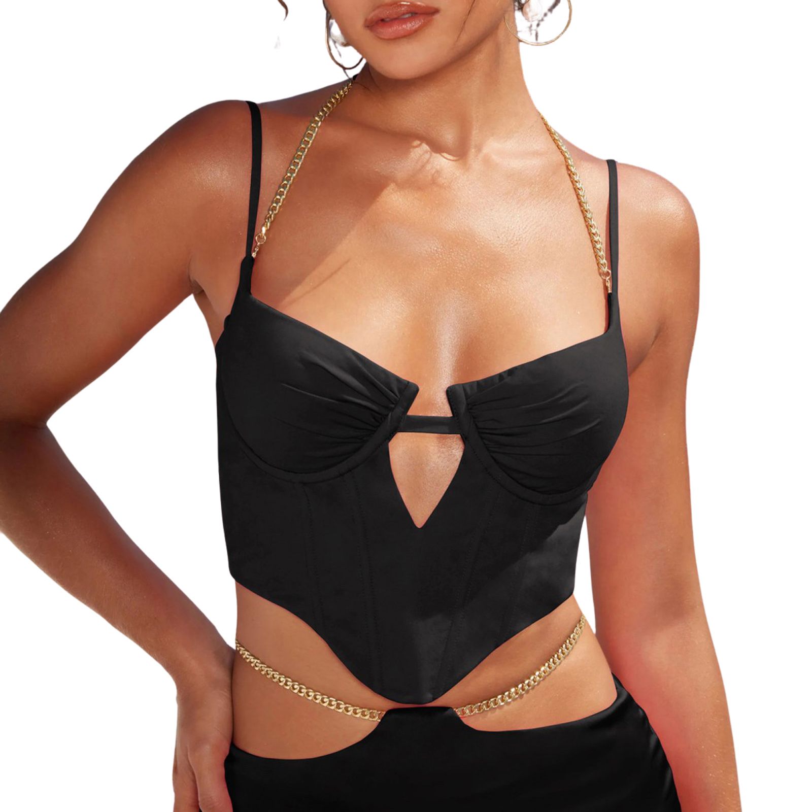 Women Camisole Top,  Sleeveless Chained Halterneck Irregular Zip Closure Summer Club Tops