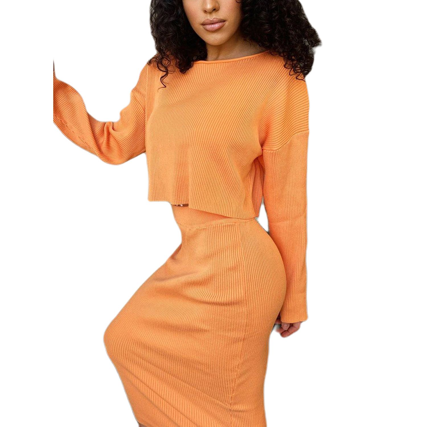 2 Pieces Suit Set, Solid Color Round Neck Long Sleeve Knitwear and Long Skirt for Women, Blue/Orange