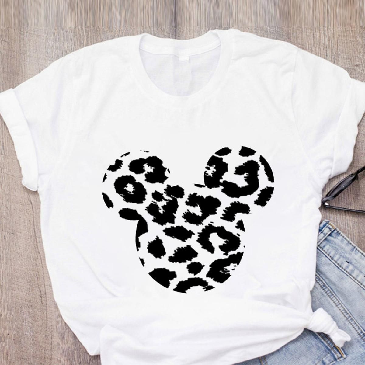 Women's T-shirt cartoon leopard bow T-shirt short sleeve print casual women's clothing tops graphic T-shirt Harajuku shirt women