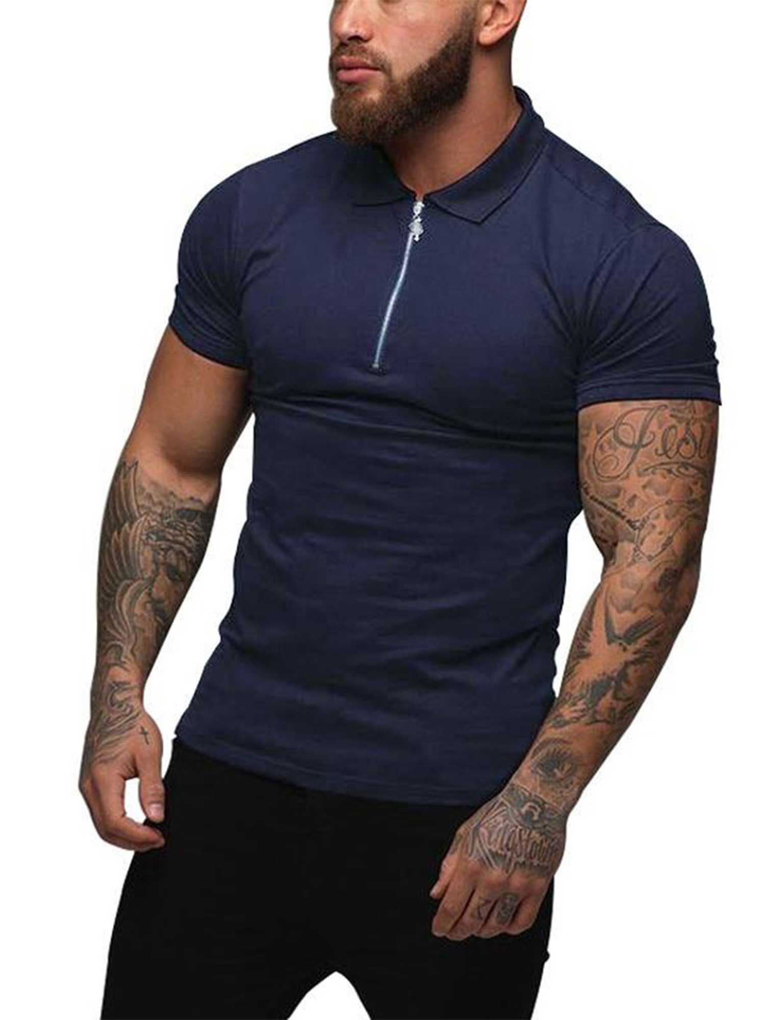 Men's Short Sleeve T-Shirt, Casual Solid Color Slim Fit Zipper Polo Shirts for Hiking Travel Sports